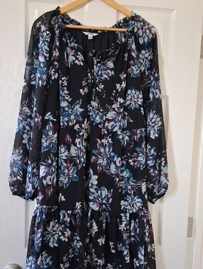 Studio Black Floral Tie-Neck Tiered Dress with Blue & White Blooms